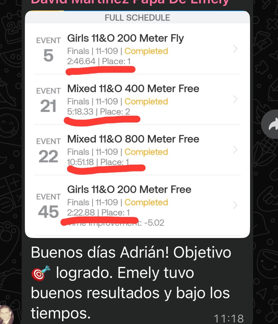 Mensaje de un padre con los resultados de Emely: primer lugar en 200 mariposa, 800 libre y 200 libre