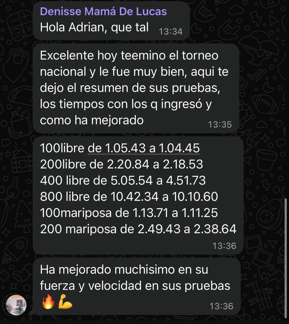Mensaje de la mamá de Lucas con sus mejoras de tiempo en seis pruebas del torneo nacional
