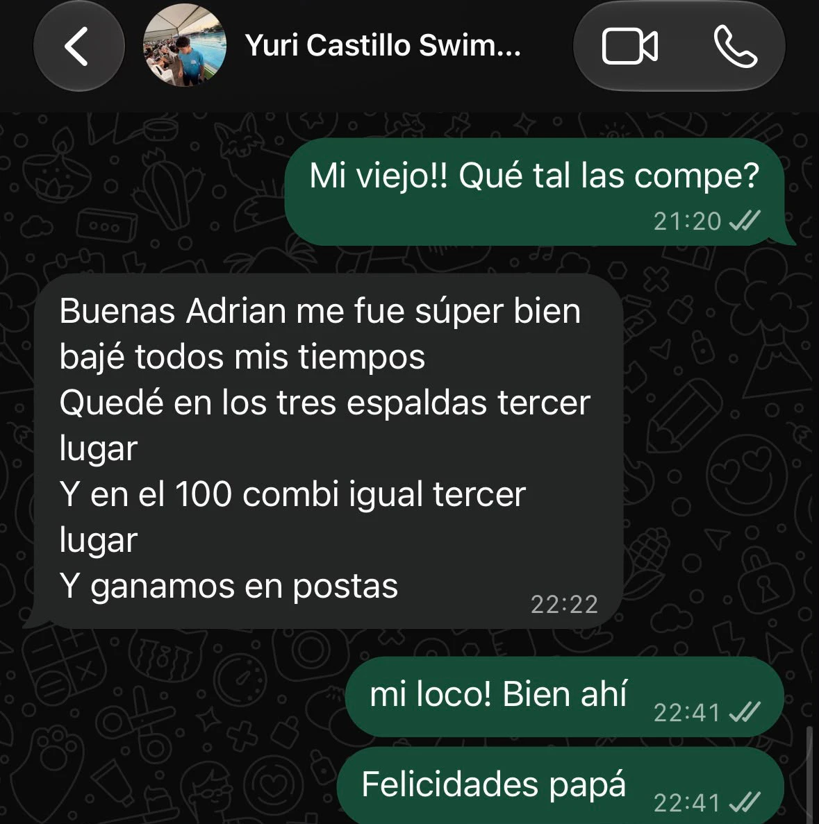 Mensaje de Yuri contando que bajó todos sus tiempos y logró tercer lugar en espalda y combinado