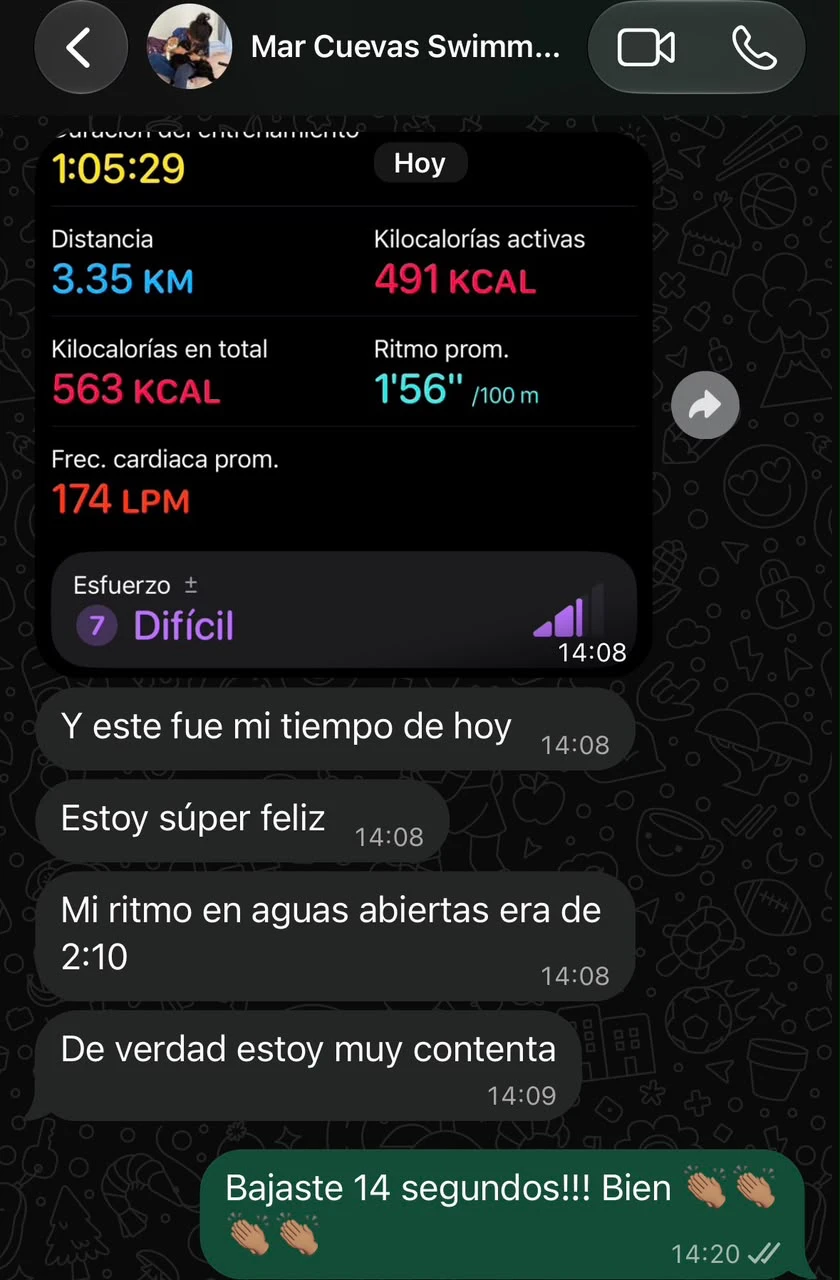 Mensaje de Mar con su ritmo en aguas abiertas, de 2:10 a 1:56 cada 100 metros